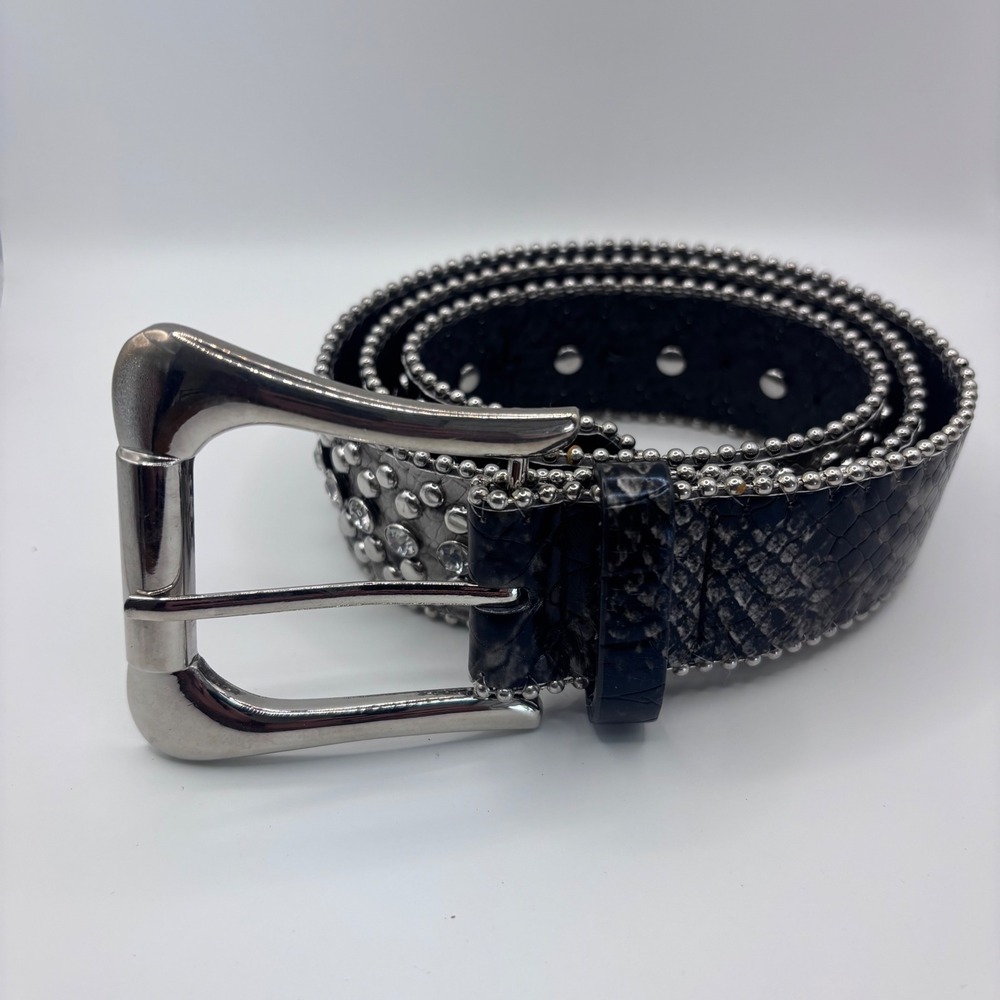 Black Belt Womens Small Grey Snakeskin‎ Studded Rhinestone Y2K Western Biker
